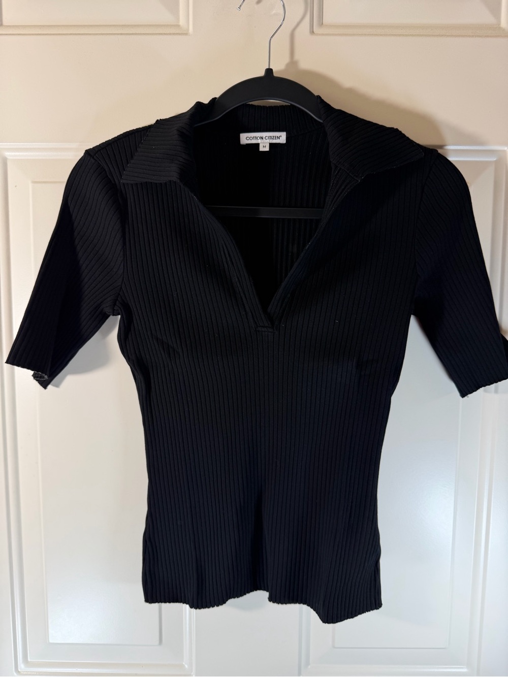 Cotton Citizen Black Ribbed V-Neck Polo Short Sleeve Top